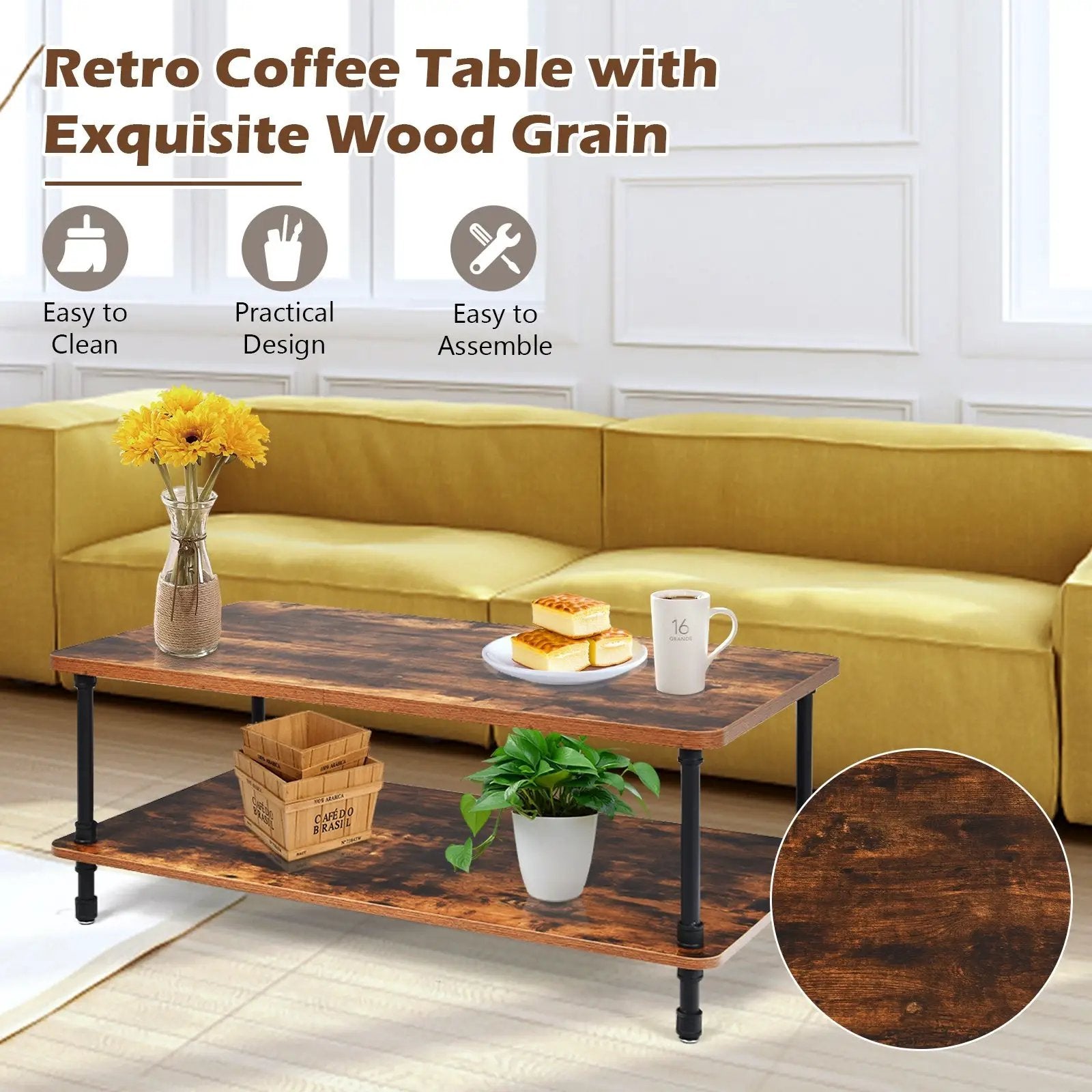 Industrial Vintage Coffee Table with 2-Tier Storage Shelf by DirectDeals
