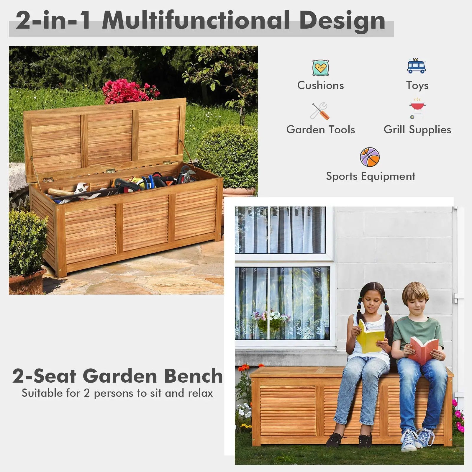 46 Gallon Acacia Wood Storage Bench Box for Patio Garden Deck by DirectDeals