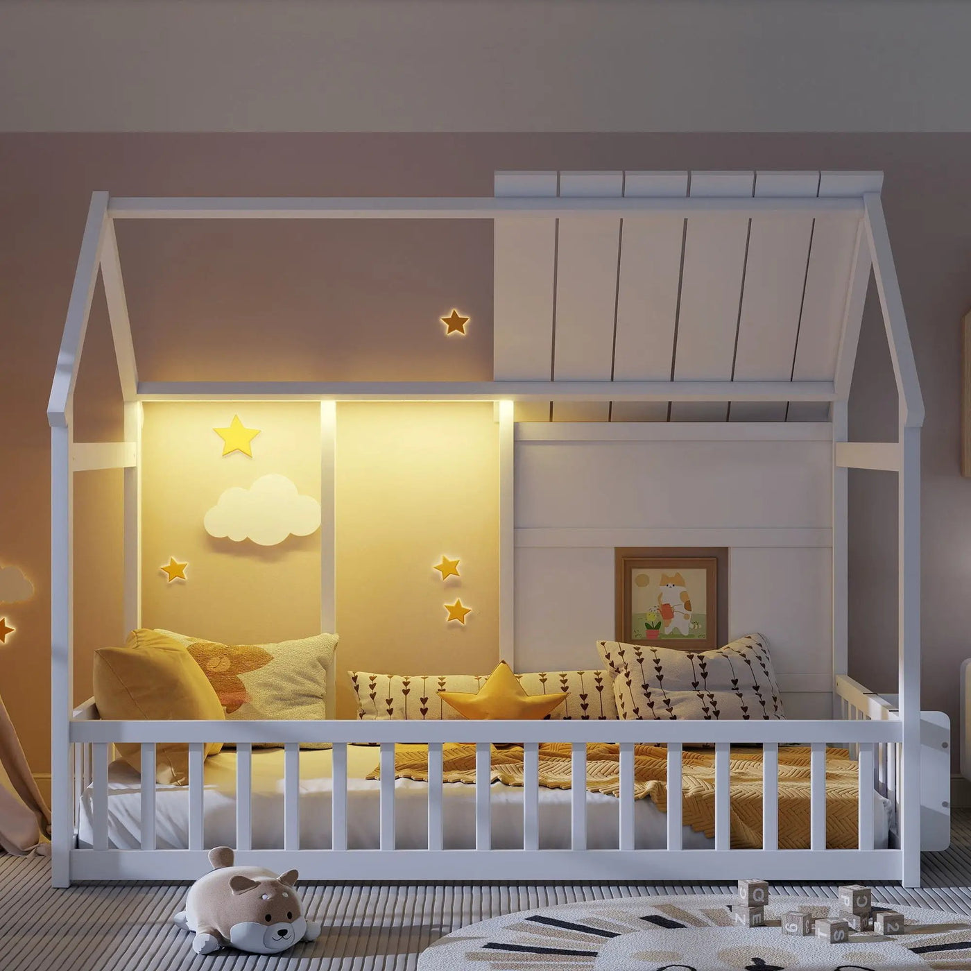 House Floor Bed With 7 Color LED Light, Built In Bookshelf by Unique Piece Furniture
