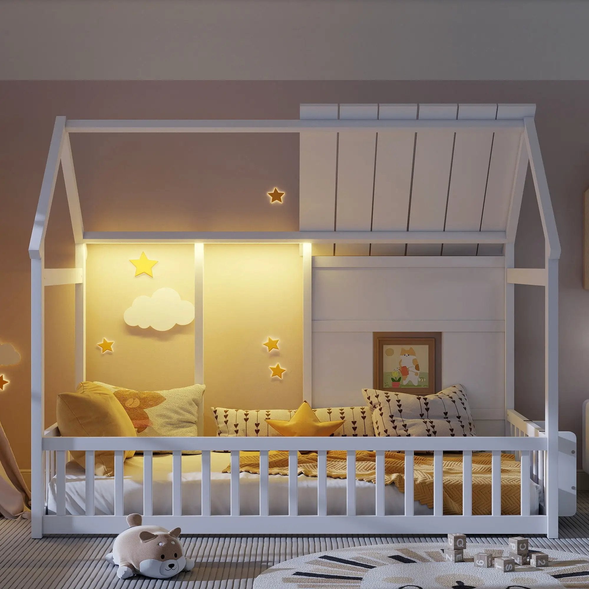 House Floor Bed With 7 Color LED Light, Built In Bookshelf by Unique Piece Furniture