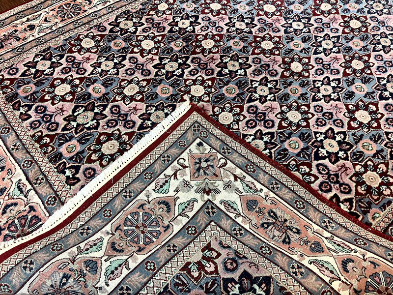 Indo Persian Rug 8x10, Repeated Allover Pattern, Navy Blue Ivory, Handmade Vintage Wool Carpet by Jewel Rugs