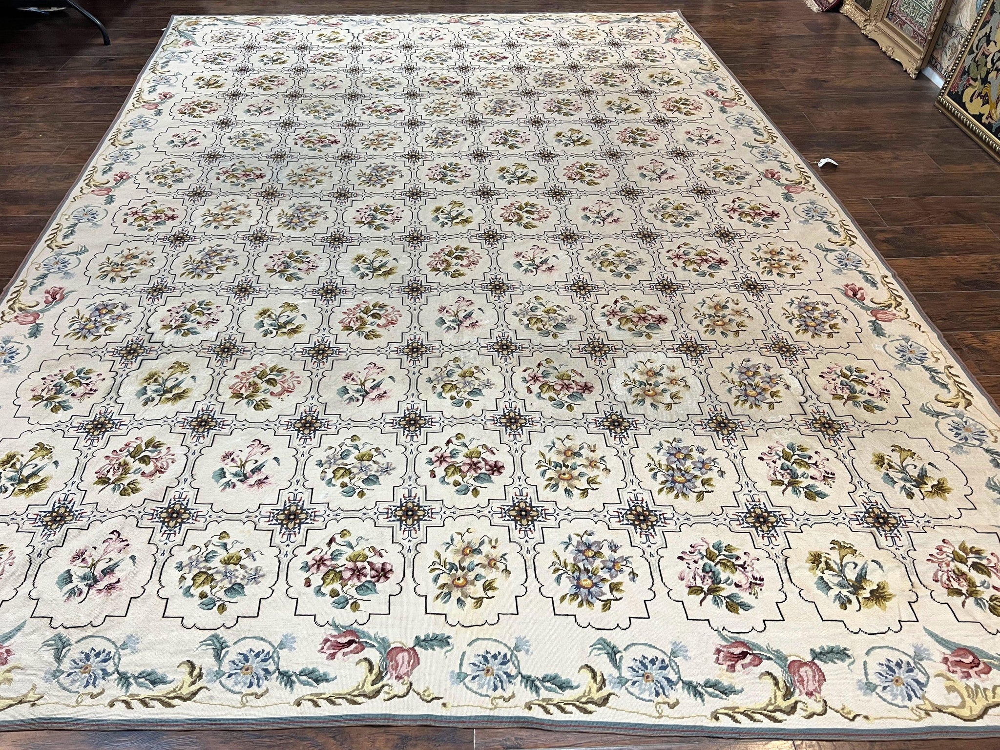 Needlepoint Rug 10x14, Wool Handmade Vintage Needlepoint Carpet, Floral Panel Design, Ivory/Cream by Jewel Rugs