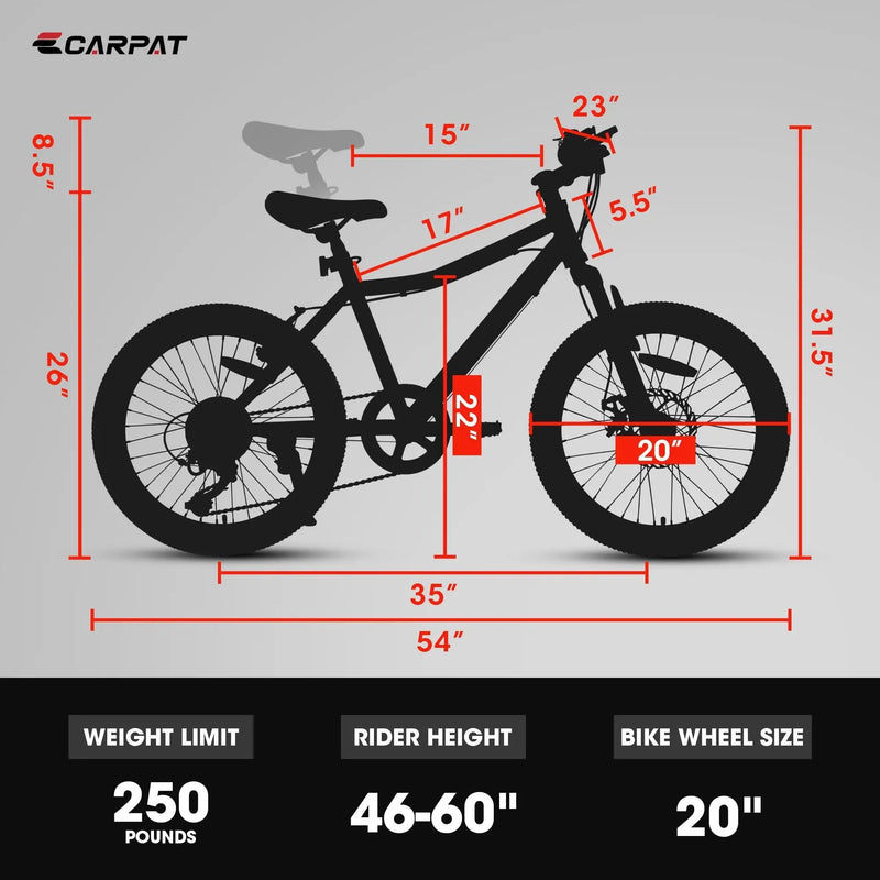 S20101 20" Kids' Bike, Boys Girls Mountain Bike Ages 8-12, 7 Speed Teenager Children Kids' Bicycles, Front Suspension Disc Brake Rear V-Brake, High Steel Frame by HouseOfZazla