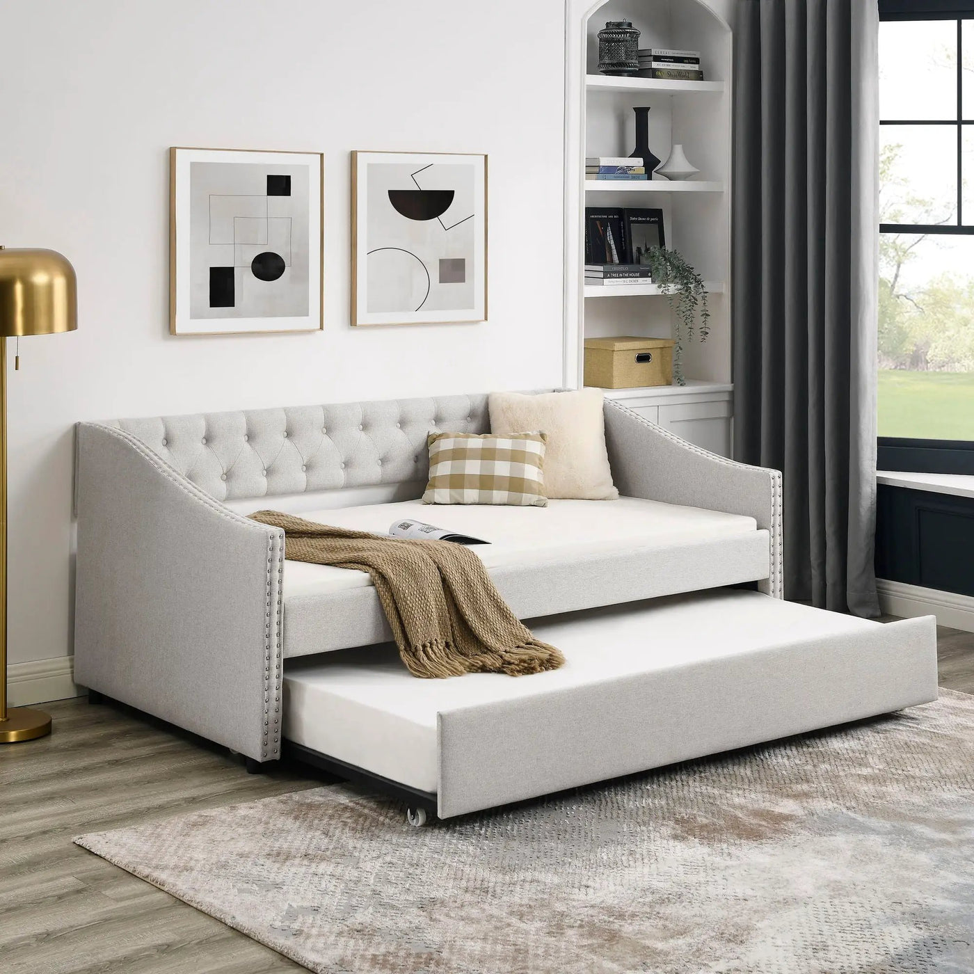 Upholstered Tufted Daybed With Drawers, Waved Arms by HouseOfZazla