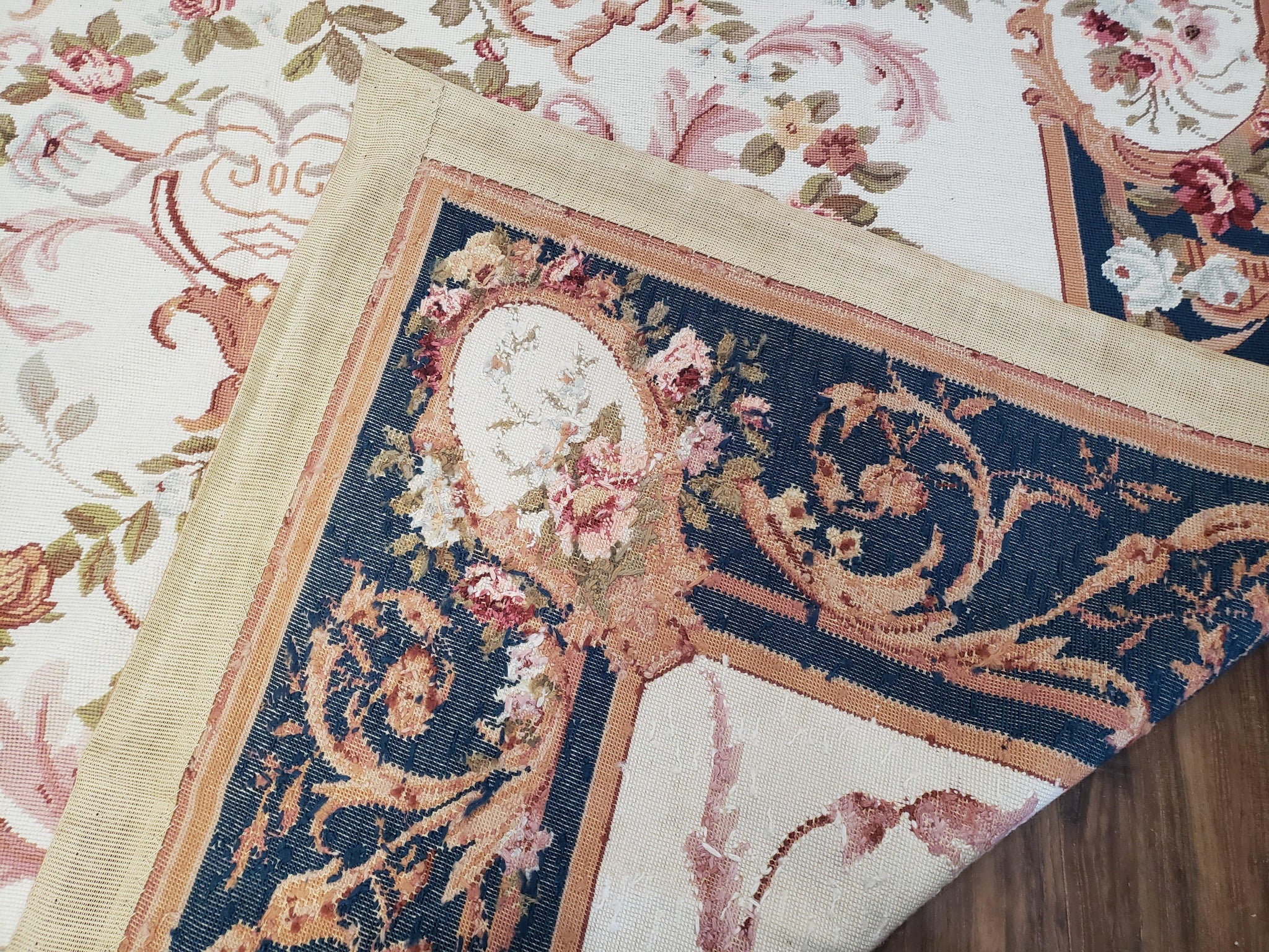 Chinese Aubusson Savonnerie Area Rug 6x8, Vintage Hand-Woven Needlepoint Rug, Flat Weave Handmade Wool Carpet Living Room Ivory & Navy Blue by Jewel Rugs