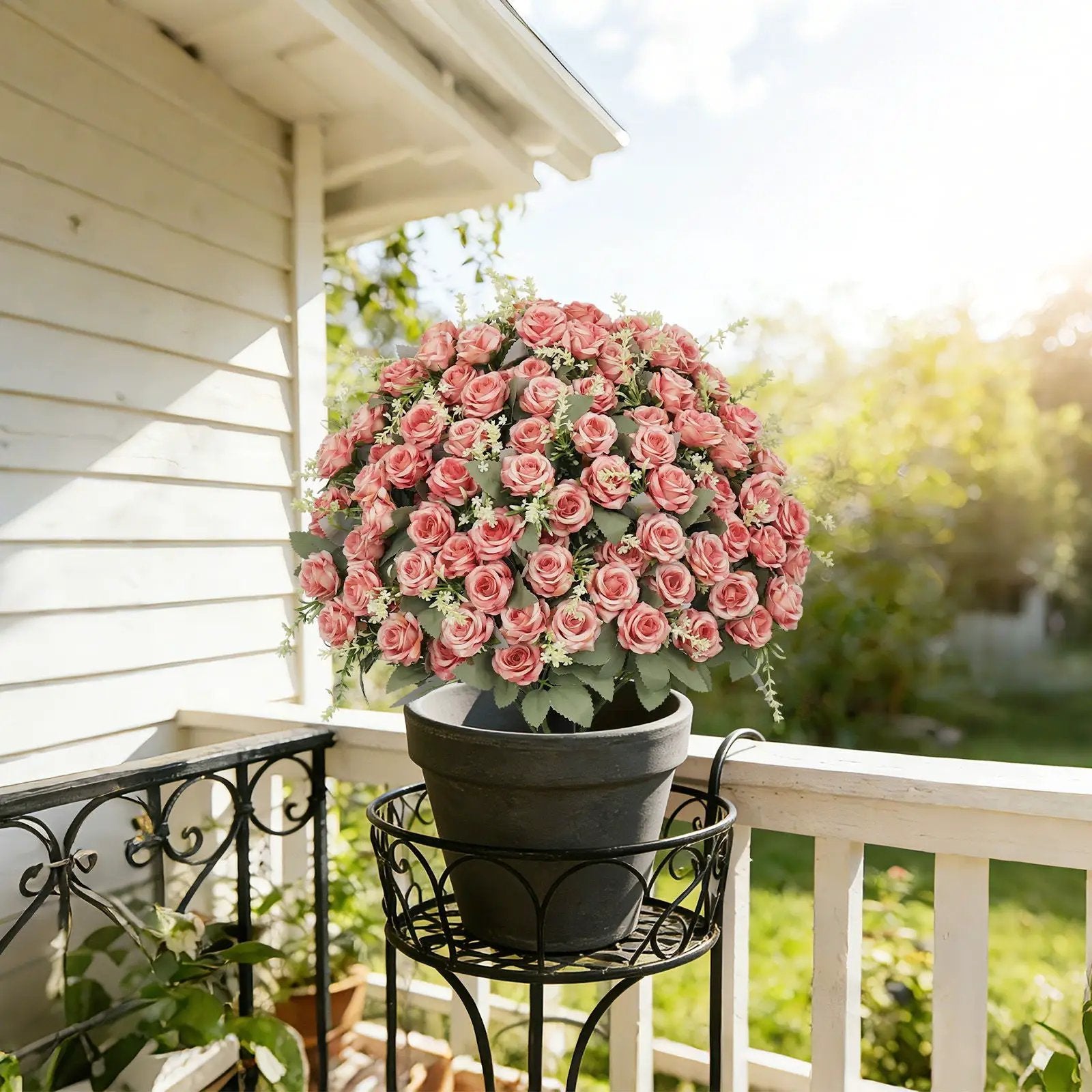 Artificial Rose Decoration With UV Resistant Silk Petals, Durable Stems In Cement Pot, Indoor Outdoor Potted Floral Arrangement - Green / Pink by Unique Piece Furniture
