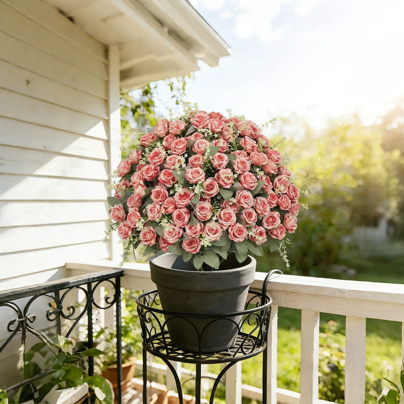 Artificial Rose Decoration With UV Resistant Silk Petals, Durable Stems In Cement Pot, Indoor Outdoor Potted Floral Arrangement - Green / Pink by Unique Piece Furniture