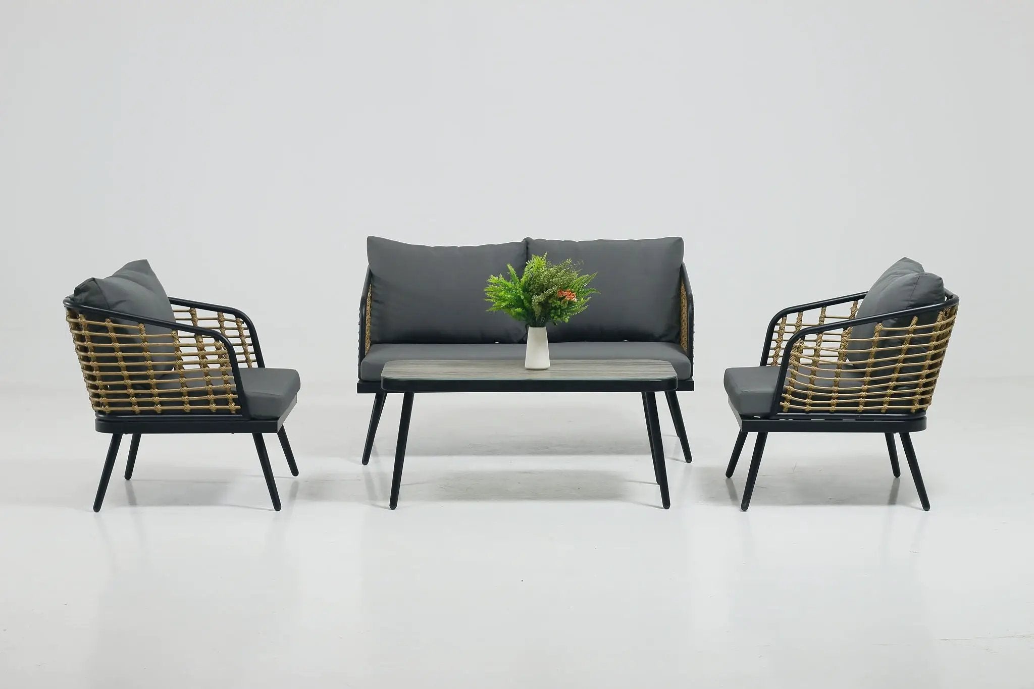 4 Pieces Patio Furniture Set, PE Rattan Wicker With Washable Cushion And Tempered Glass Tabletop, Conversation Furniture For Garden Poolside Balcony by HouseOfZazla