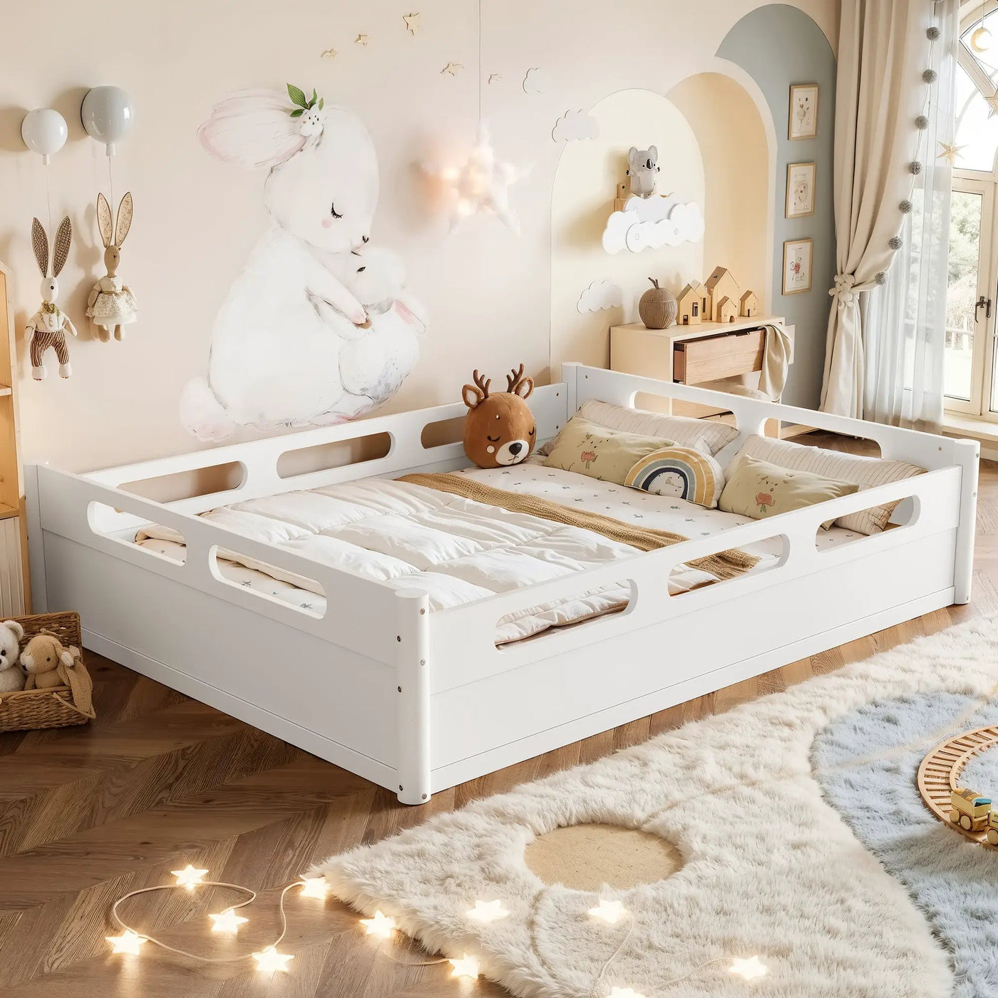 Queen Size Floor Platform Bed with Guardrails by HouseOfZazla