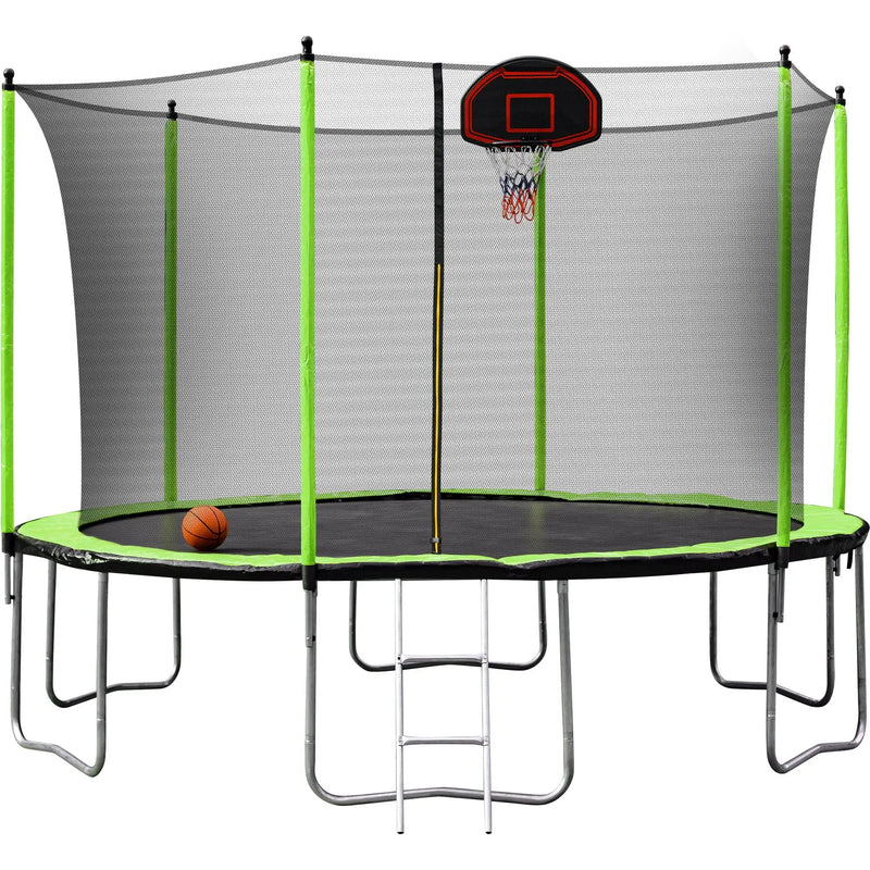 14Ft Trampoline With Basketball Hoop Inflator And Ladder (Inner Safety Enclosure) - Green by HouseOfZazla