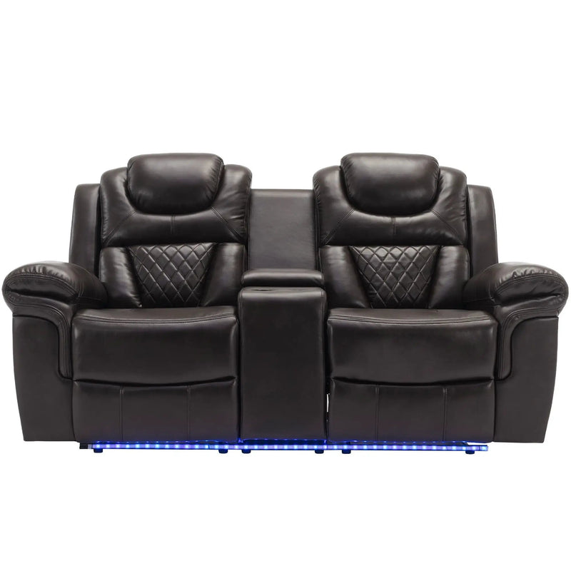 3 Pieces Recliner Sofa Sets Home Theater Seating Manual Recliner Chair & Center Console And LED Light Strip For Living Room - Brown by HouseOfZazla
