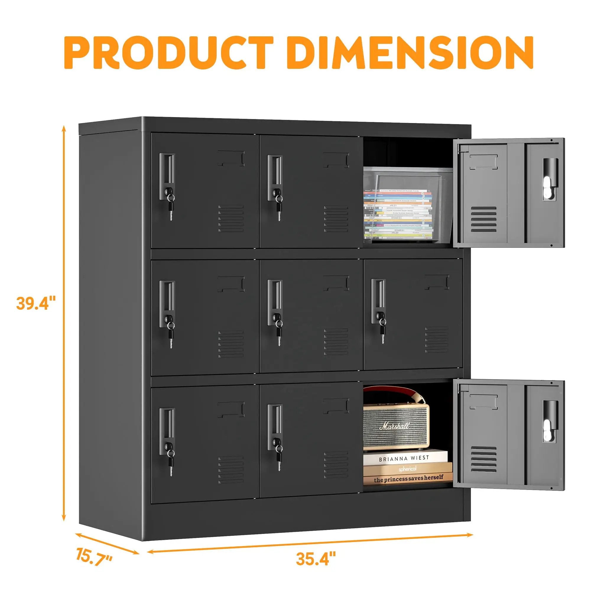 9 Door Employee Storage Locker With Card Slot, Lockers For Office, Gym, School, And Home - Black by HouseOfZazla
