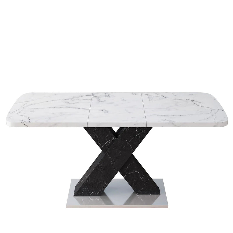 Rectangle Dining Table With Stretchable Top, X Shape Mdf Legs With Steel Base - White / Black by Unique Piece Furniture