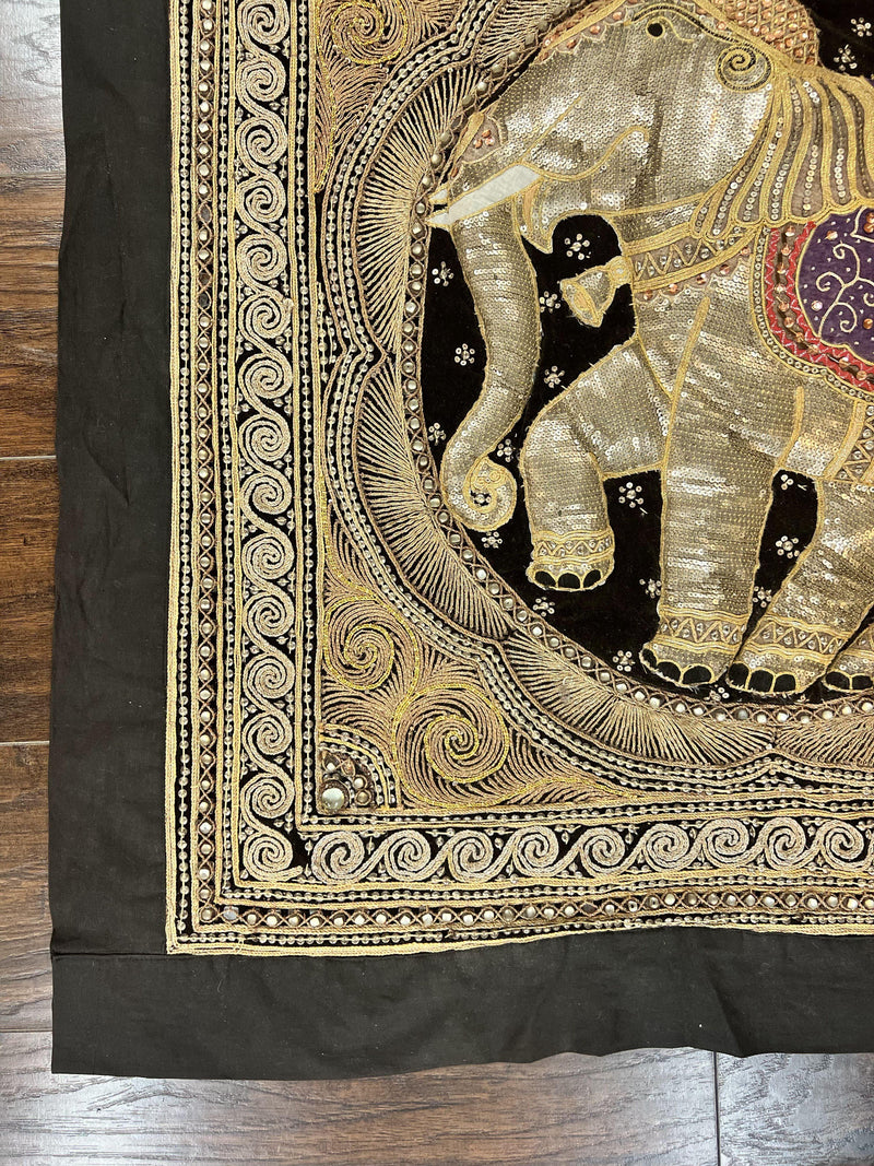 Indian Embroidery 3x3, Elephant Design, Detailed Needlepoint, Beadwork by Jewel Rugs