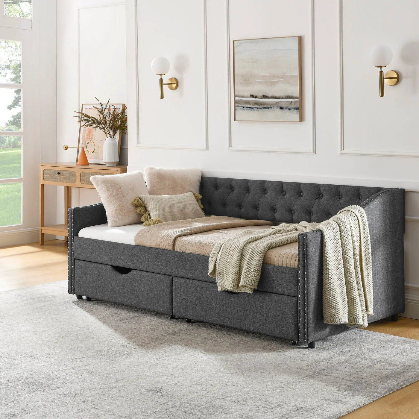 Upholstered Tufted Daybed With 2 Drawers, Waved Arms by HouseOfZazla