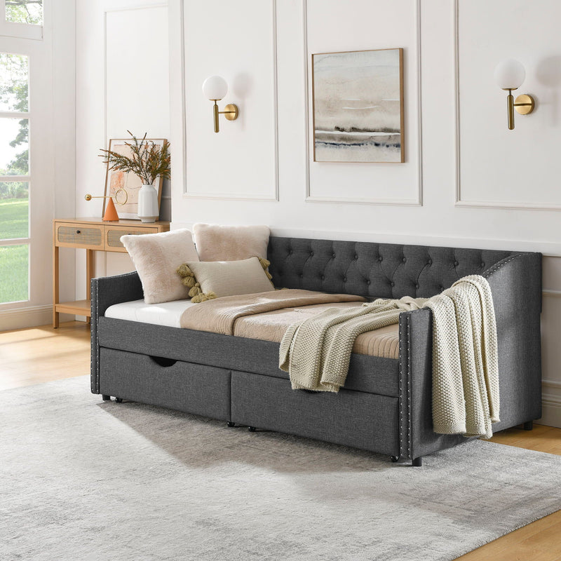 Upholstered Tufted Daybed With 2 Drawers, Waved Arms by Unique Piece Furniture