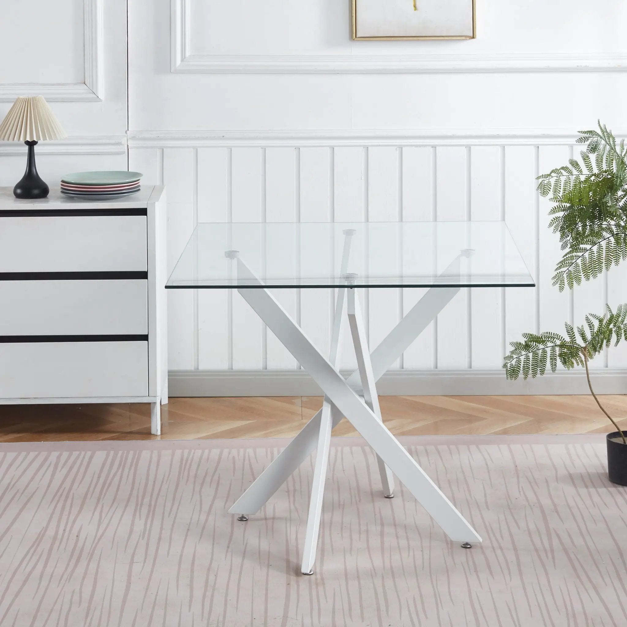 Dining Table With Cross Metal Leg And Tempered Glass, Modern Space Saving Kitchen Table For Living Room Legs, Square Table by Unique Piece Furniture