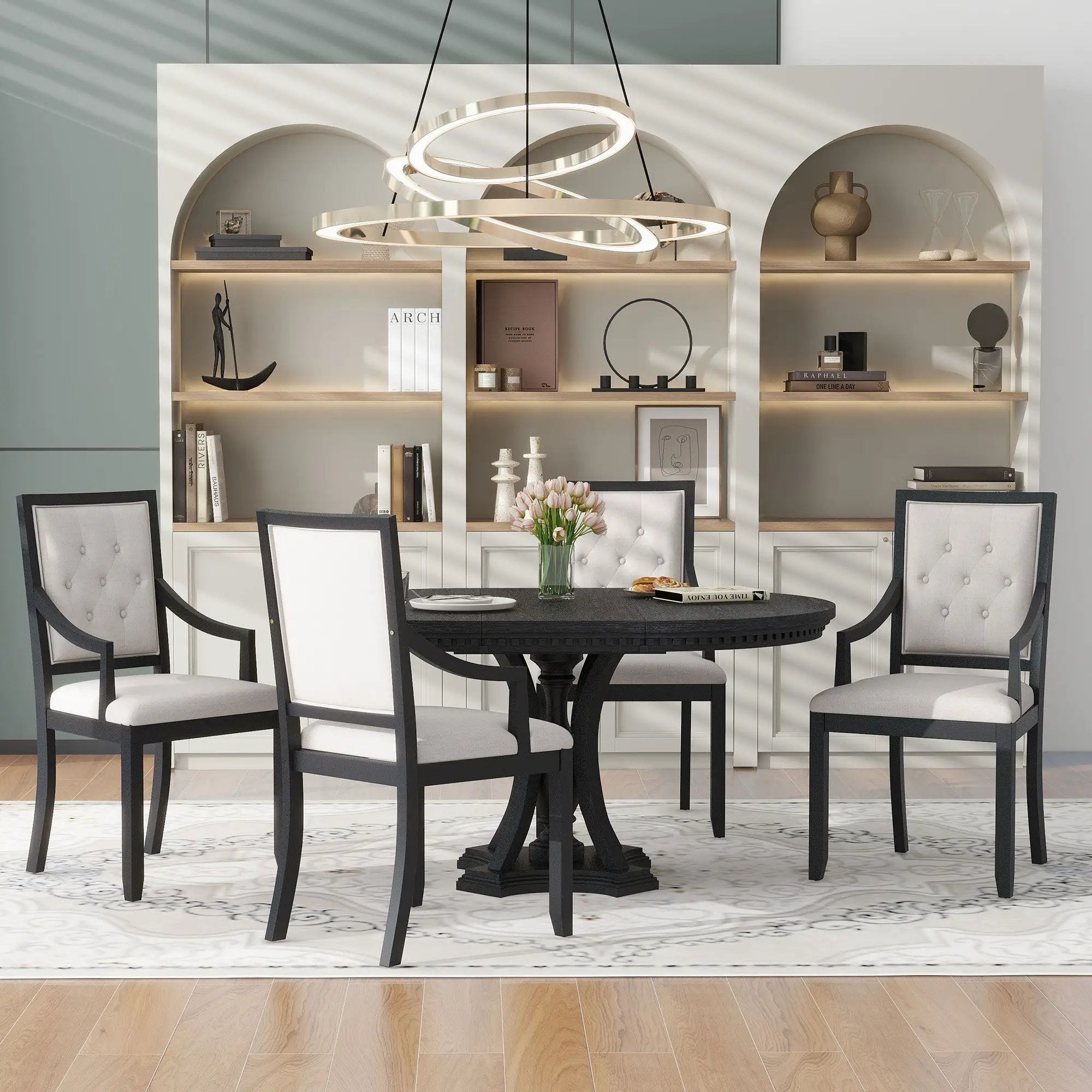 5 Piece Dining Set Extendable Round Table And 4 Chairs - Black / Oak by Unique Piece Furniture
