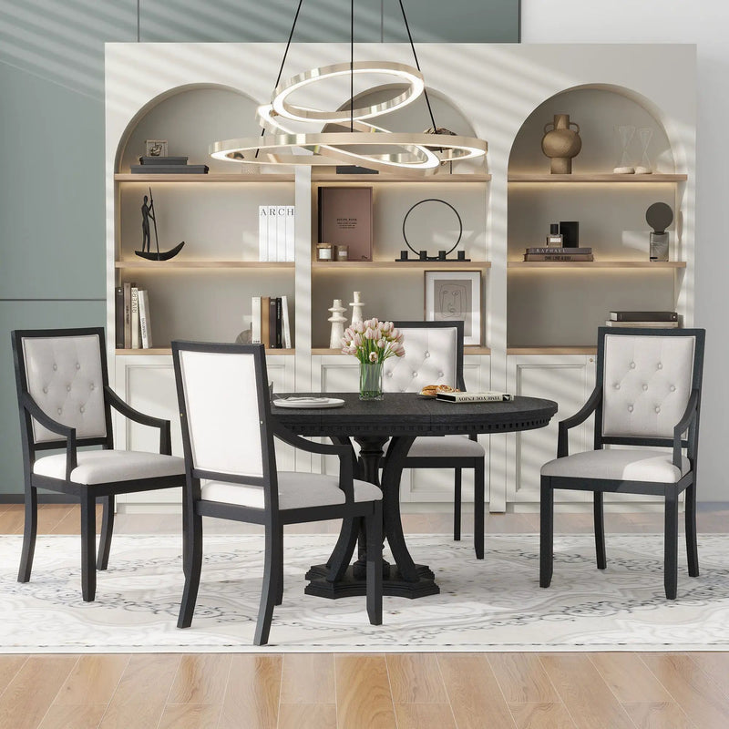 5 Piece Dining Set Extendable Round Table And 4 Chairs - Black / Oak by HouseOfZazla