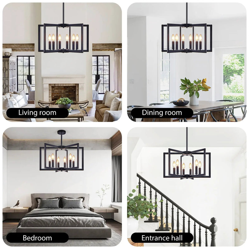 22' Modern Black Geometric 6-Light Chandelier – Industrial Metal Pendant Light Fixture for Living Room, Dining Room, or Kitchen (Bulb Not Included) by HouseOfZazla