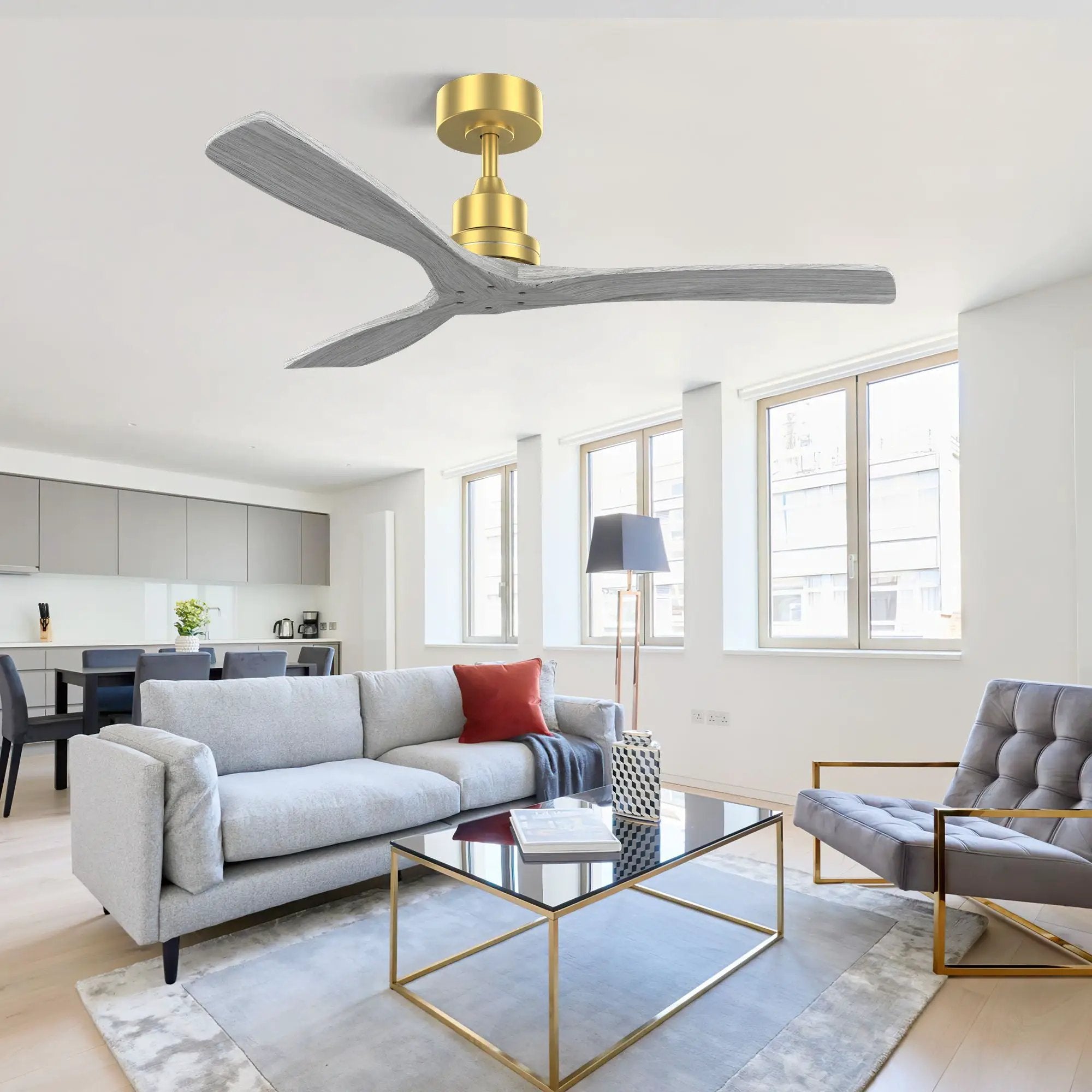 Indoor Ceiling Fan Without Light 3 Solid Wood Blades Remote Control Reversible Dc Motor - Gold by HouseOfZazla