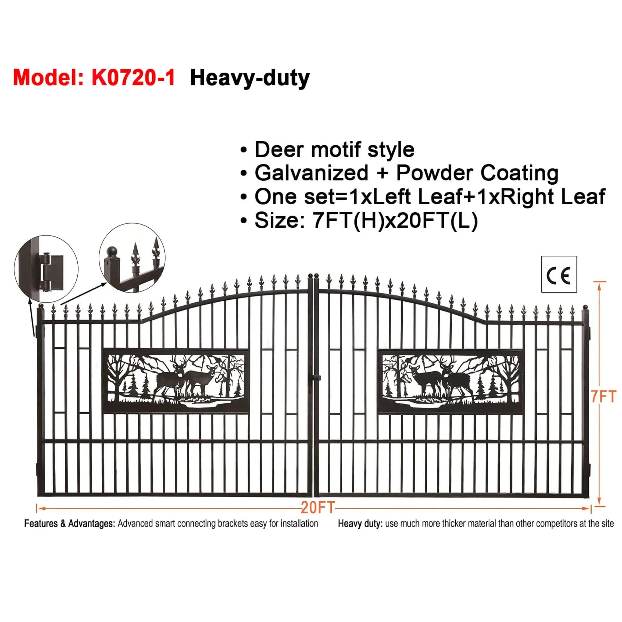 [07X20FT] Heavy-Duty Deer Motif Style Bi-Parting Galvanized Steel Driveway Entrance Gate (SAK68731) by SAKSBY WHOLESALE