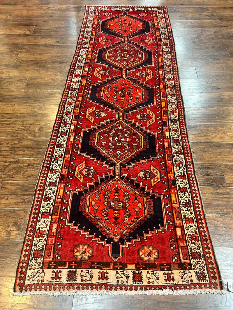 Persian Heriz Runner Rug 3.7 x 11, Persian Tribal Runner, Handmade Wool, Medallions, Geometric, Red, Antique Vintage Hand Knotted Rug by Jewel Rugs