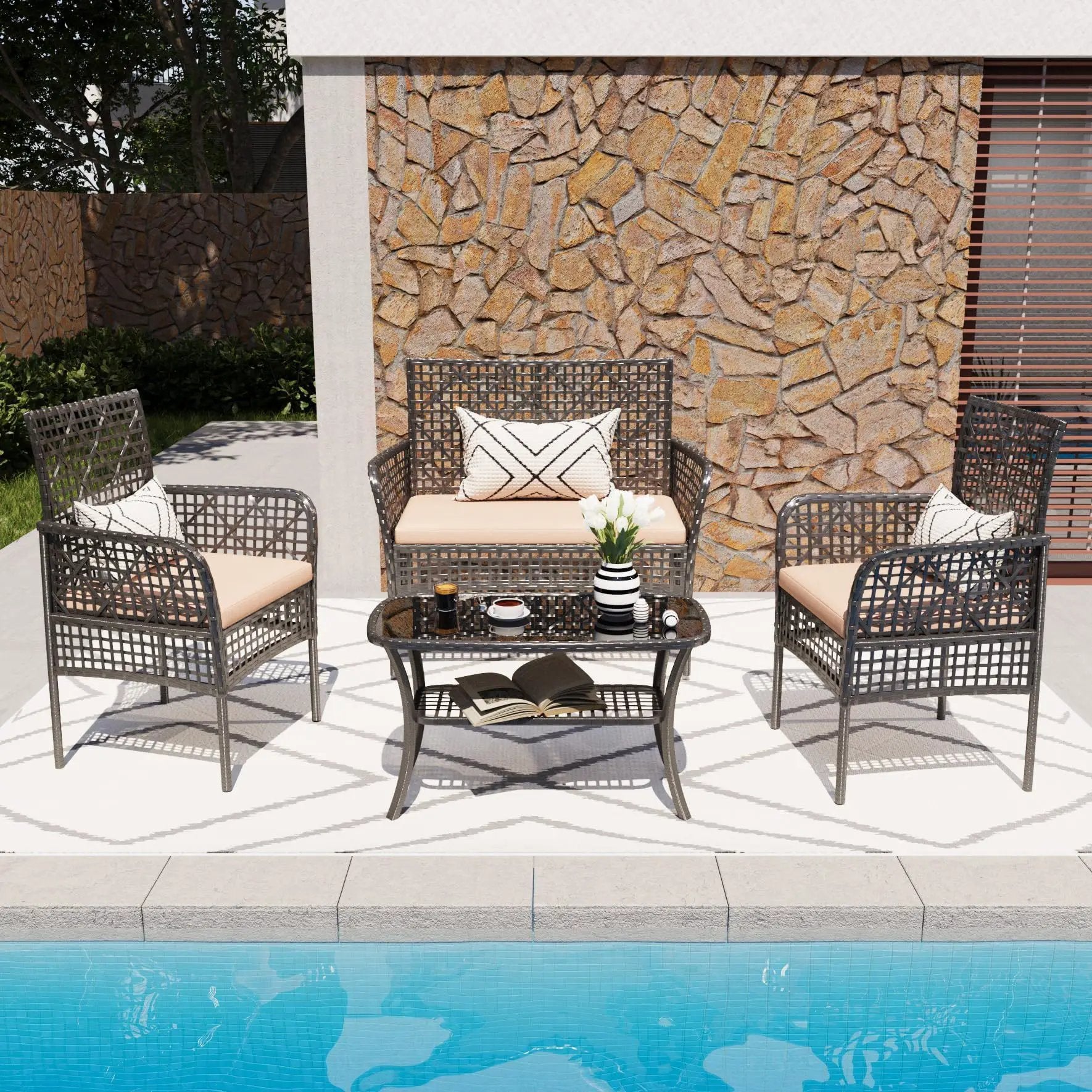 4 Pieces Rattan Wicker Chairs With Tempered Glass Table And Cushions by HouseOfZazla