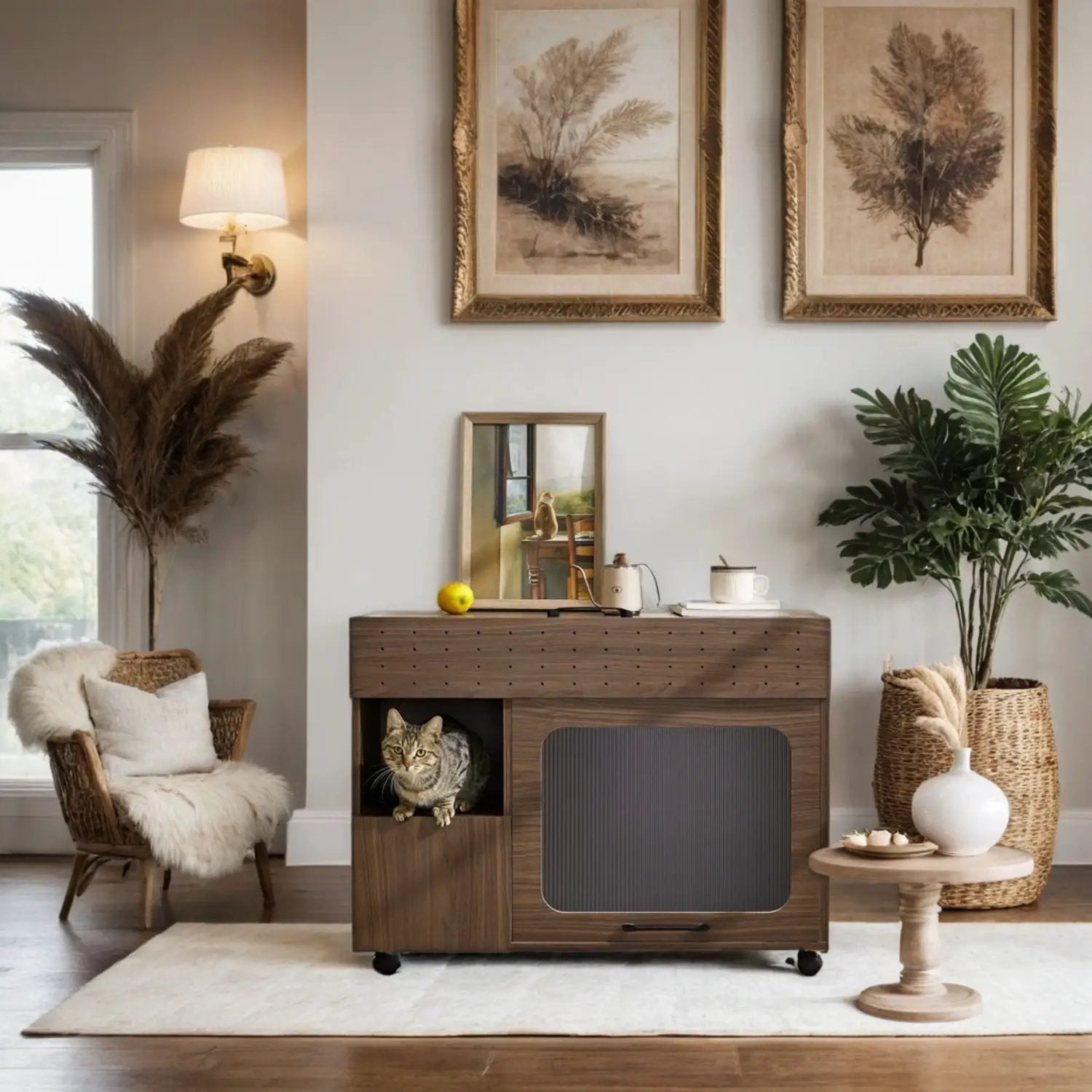 Furniture Style Multi Use Cat Litter Box House With Storage - Walnut