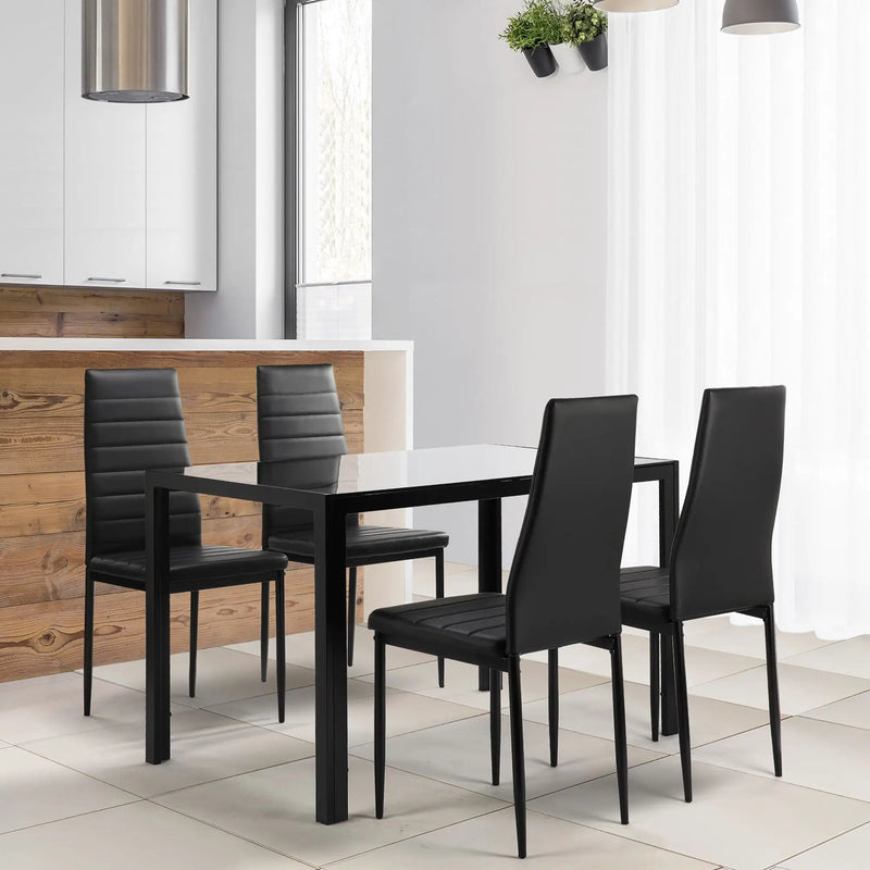 5 Pieces Dining Table Set For 4, Kitchen Room Tempered Glass Dining Table, 4 Faux Leather Chairs - Black by Unique Piece Furniture