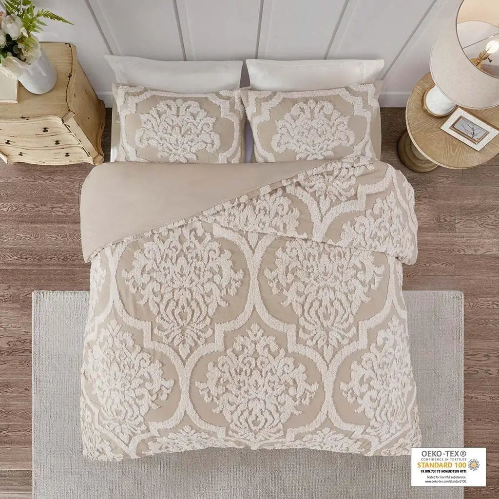 King/Cal King 3 Piece Tufted Cotton Chenille Damask Duvet Cover Set by HouseOfZazla