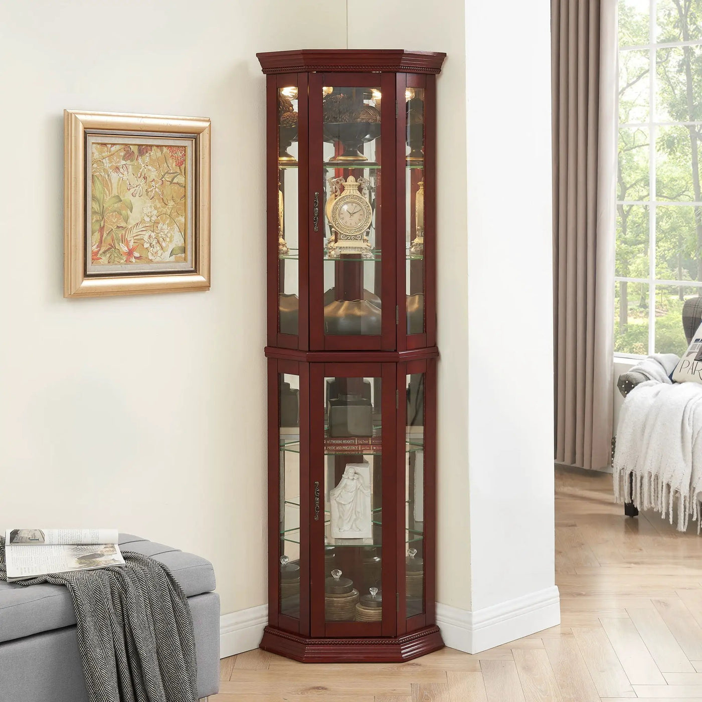 Corner Curio Cabinet With Lights, Adjustable Tempered Glass Shelves, Mirrored Back, Display Cabinet (E26 Light Bulb Not Included) by HouseOfZazla