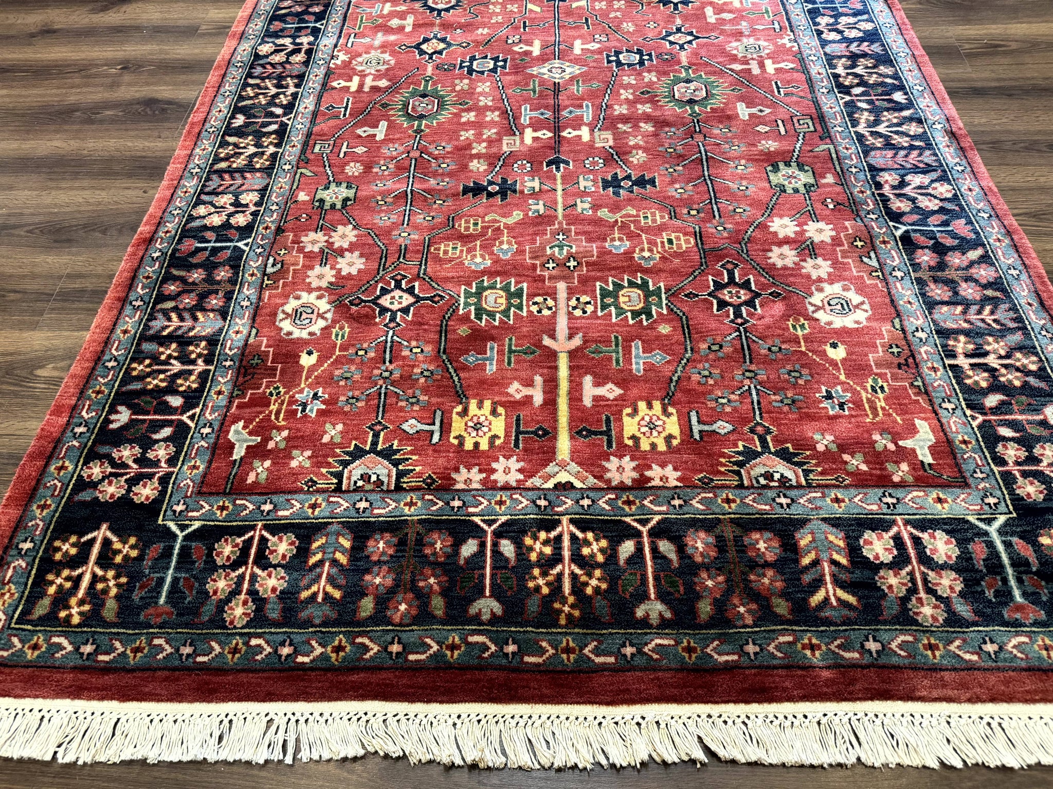 Indo Persian Heriz Serapi Rug 6x8, Rust Red and Navy Blue, Allover Pattern by Jewel Rugs