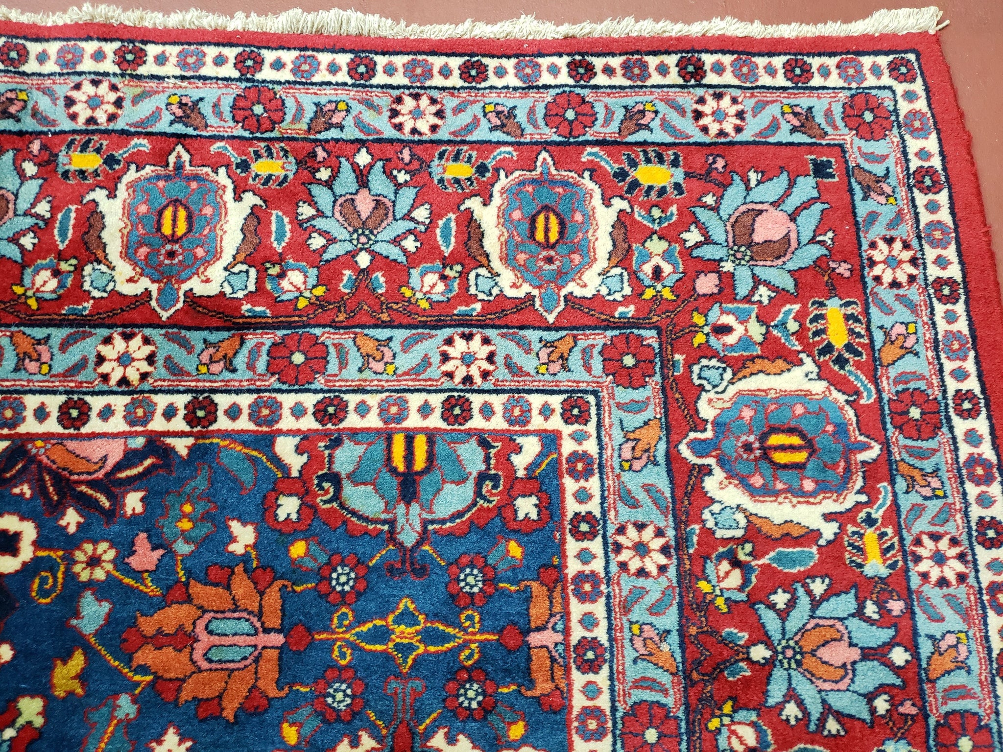 Rare Antique Persian Veramin Carpet, Mina-Khani Pattern, Blue, Red, Ivory, 7x11 ft, Hand-Knotted, Wool by Jewel Rugs