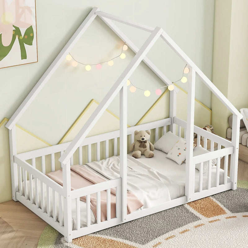 Wood House-Shaped Floor Bed With Fence, Guardrails by Unique Piece Furniture