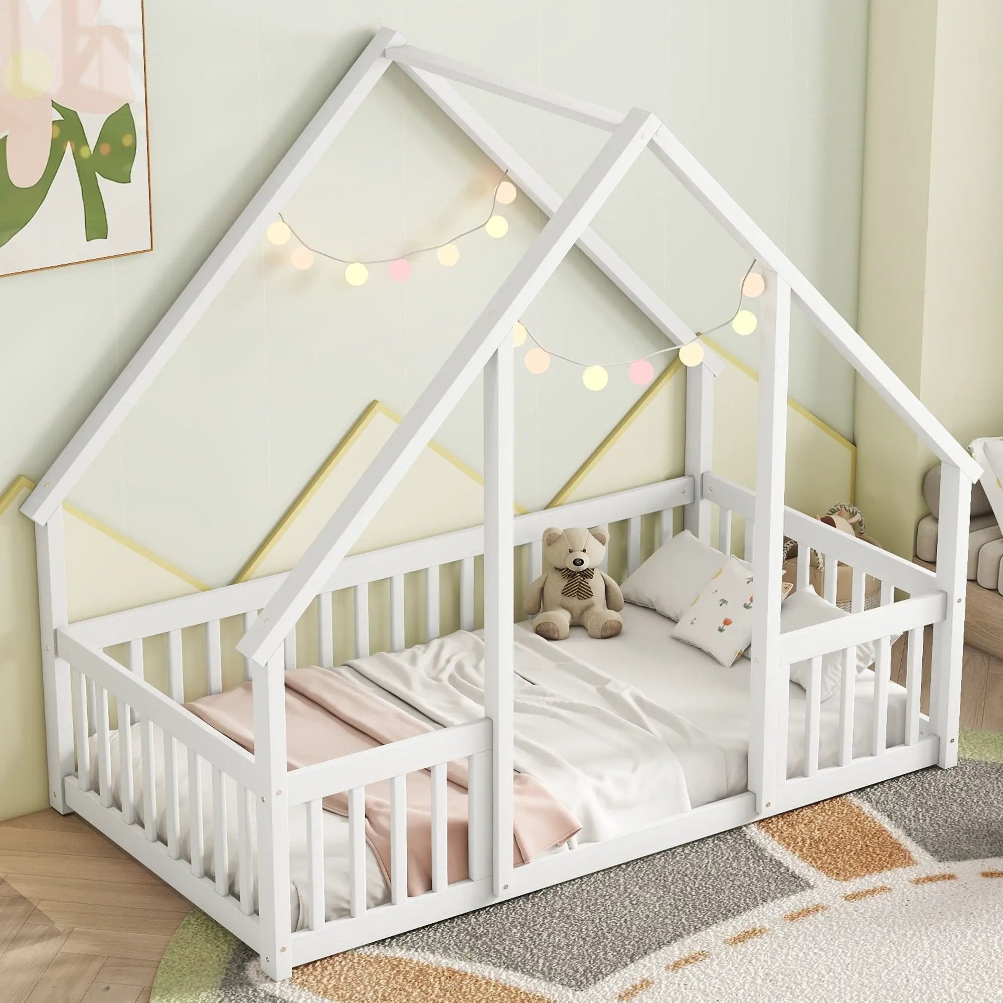 Wood House-Shaped Floor Bed With Fence, Guardrails by Unique Piece Furniture