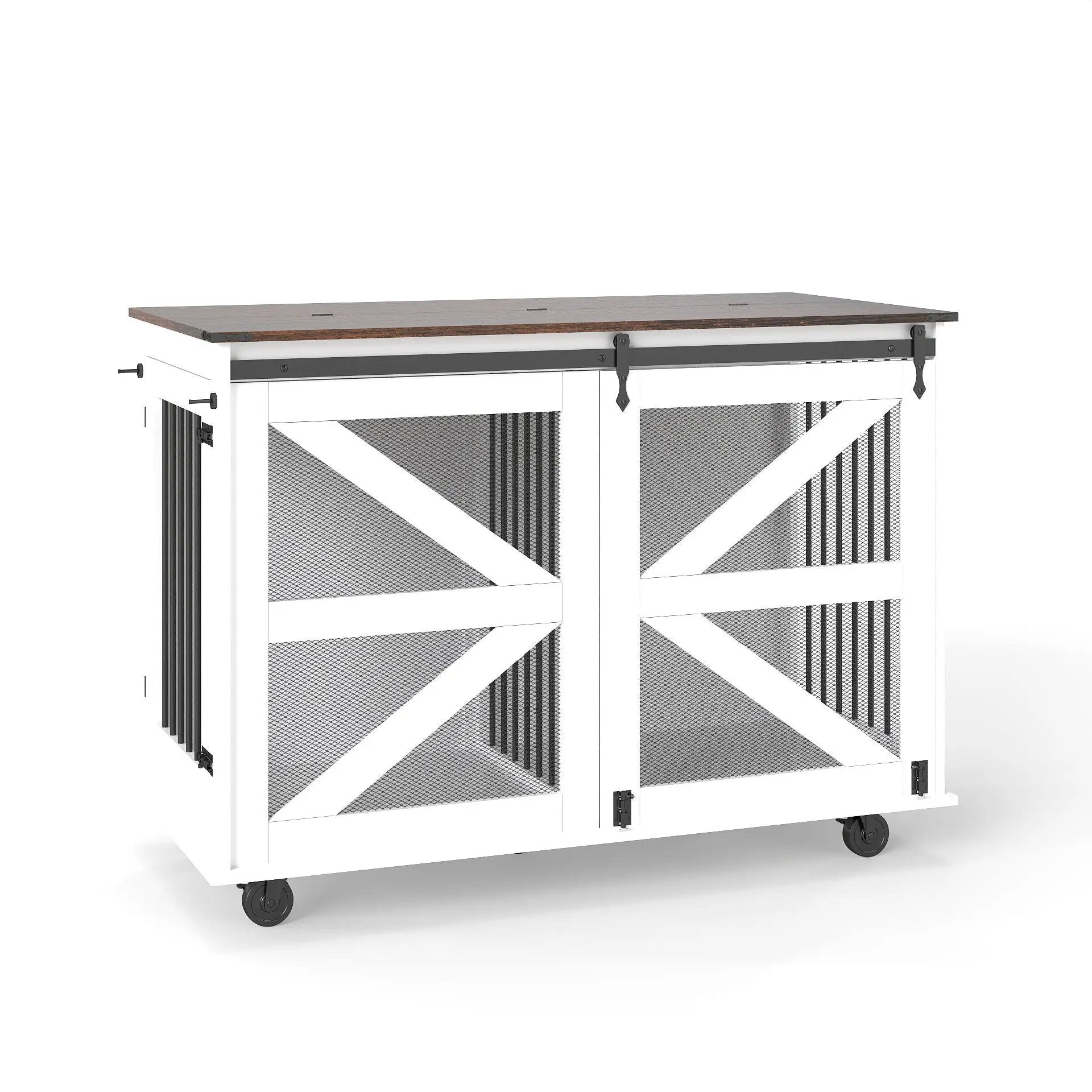 Mobile Dog Crate With Flip Top Feeding Door, Dual Access & 5 Caster System (2 Locking) - Brown White by HouseOfZazla