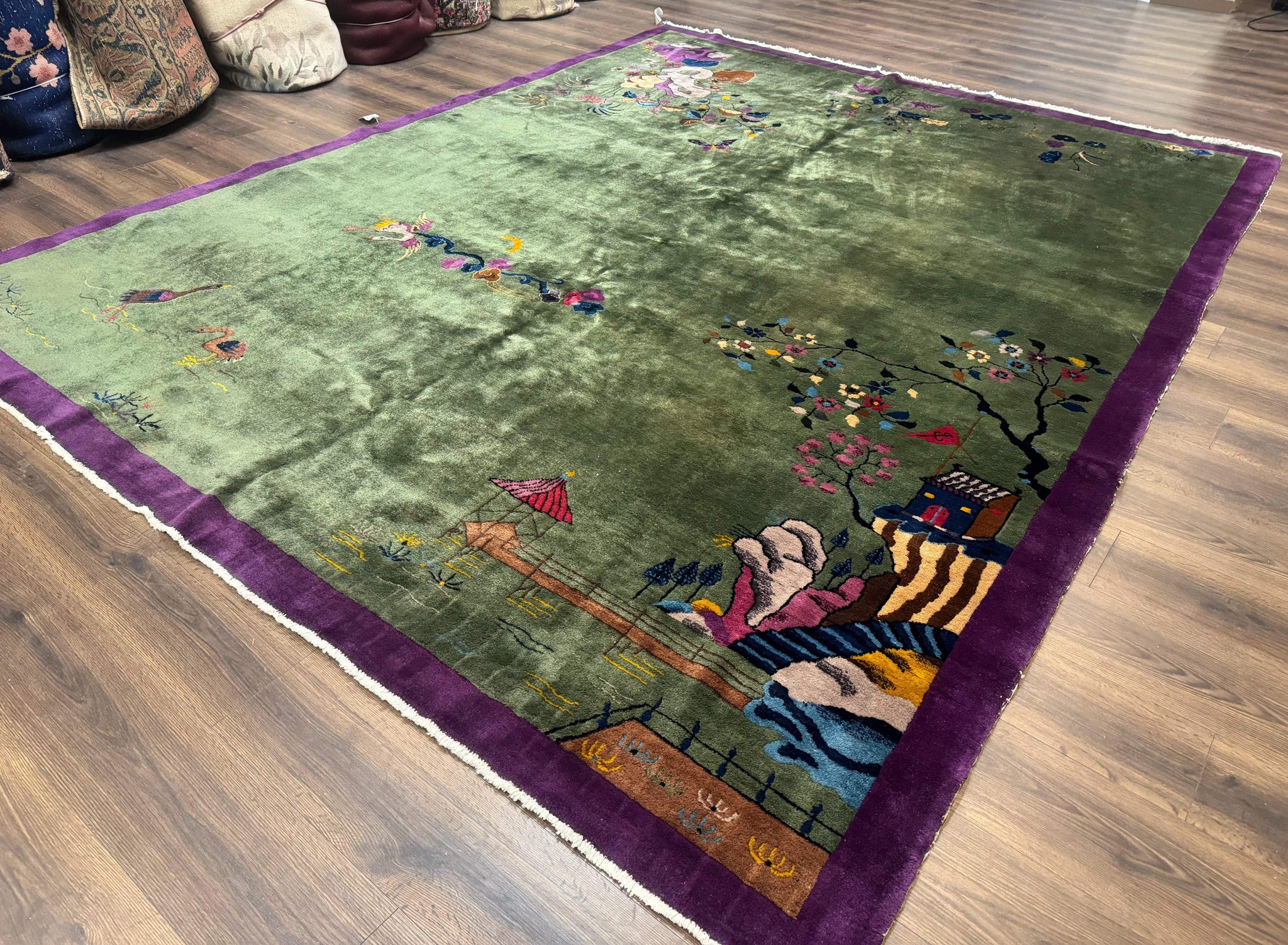 Antique Chinese Nichols Rug 9x12 - Rare Green and Purple Art Deco Carpet by Jewel Rugs