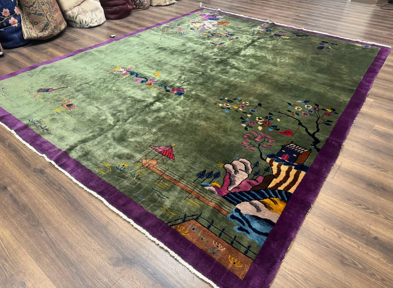 Antique Chinese Nichols Rug 9x12 - Rare Green and Purple Art Deco Carpet by Jewel Rugs
