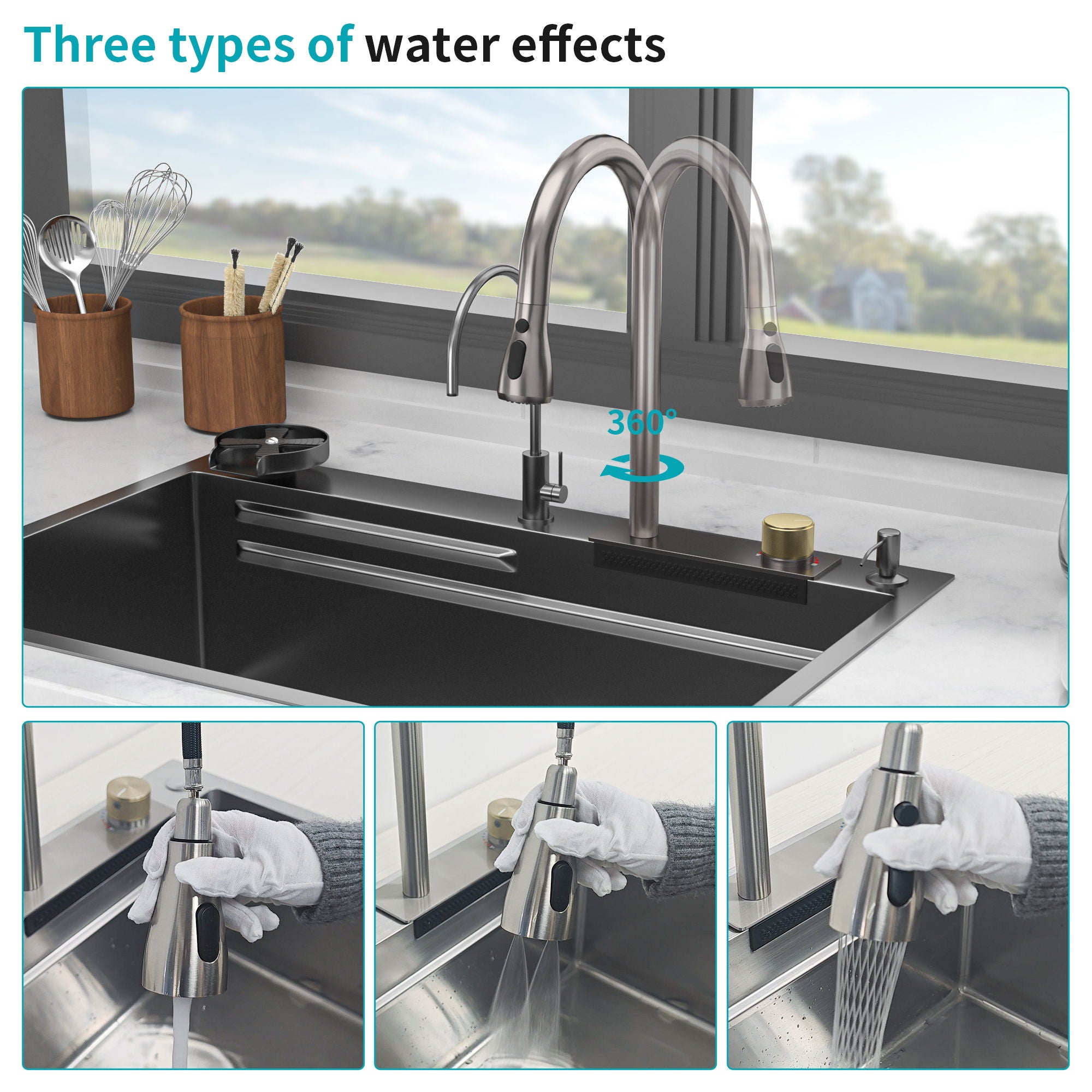 Waterfall Kitchen Sink With Pull Out Faucet & Cup Washer by HouseOfZazla