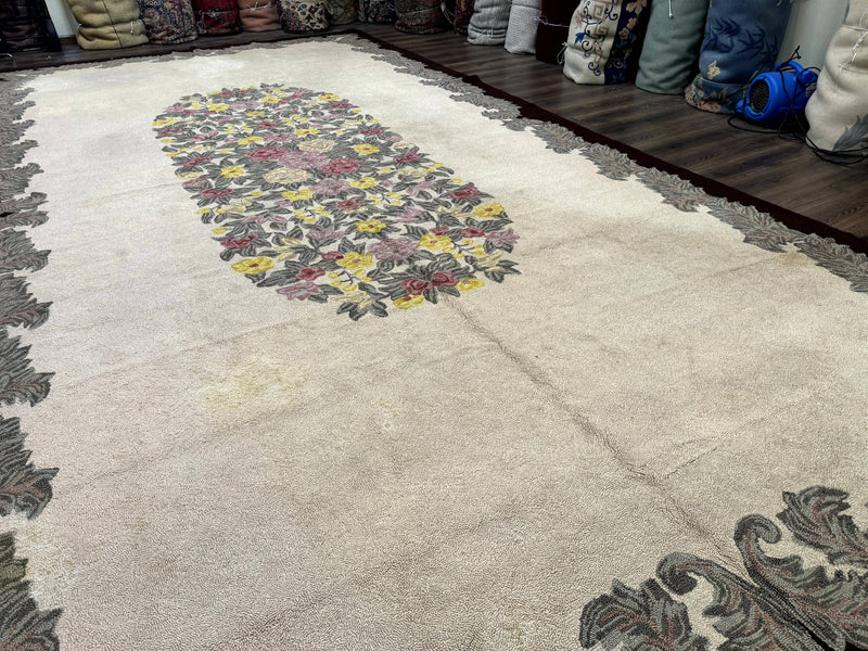 Palace Size American Hooked Rug 11x20 Aubusson Style Ivory by Jewel Rugs