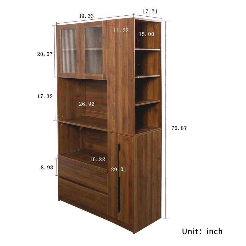 Tall Kitchen Pantry Cabinet With 4 Tier Side Shelf, 2 Drawers, Freestanding Food Hutch With Microwave Stand For Dining Room - Walnut by HouseOfZazla