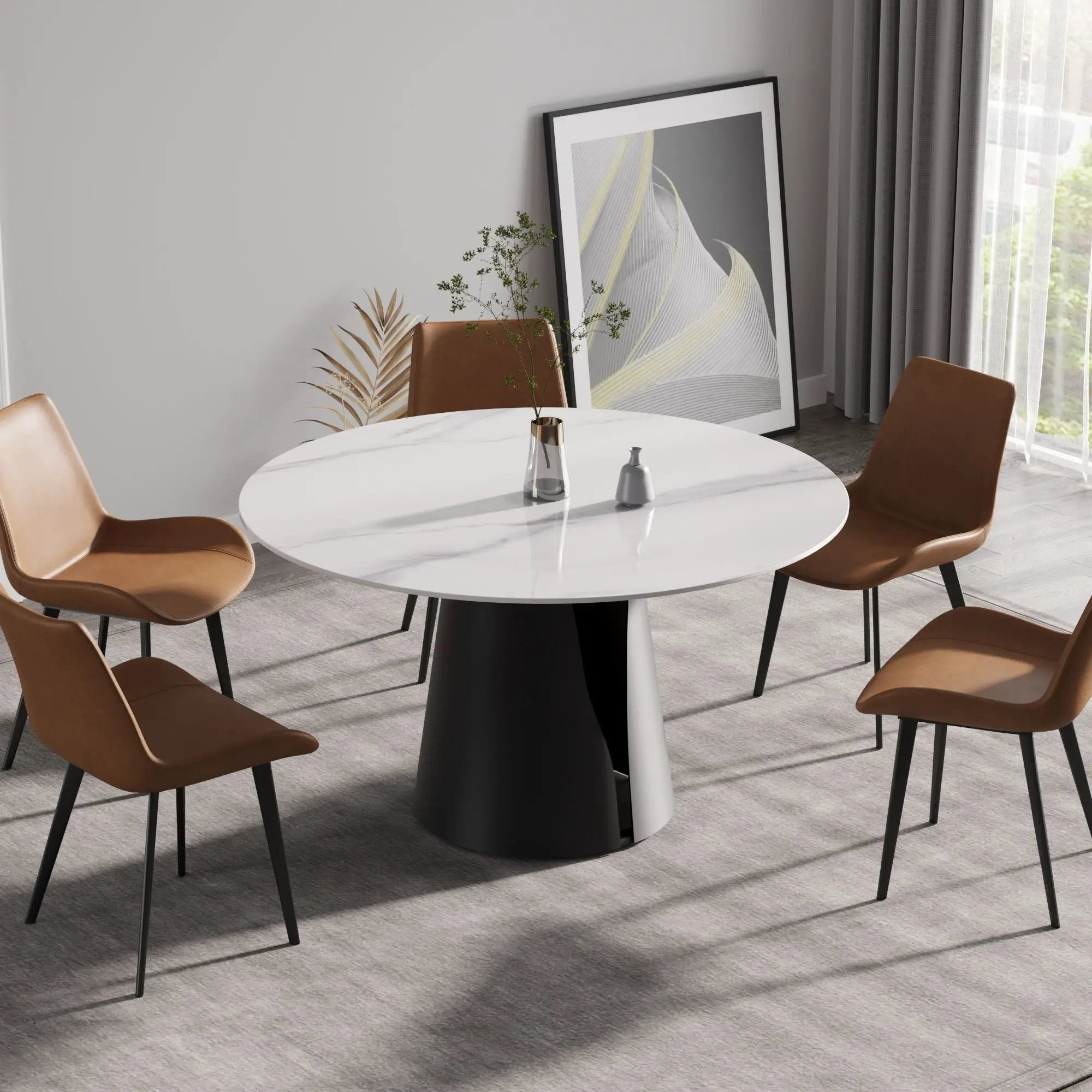 53.15" Modern Artificial Stone Round Carbon Steel Base Dining Table, Can Accommodate 6 People - White / Black by Unique Piece Furniture