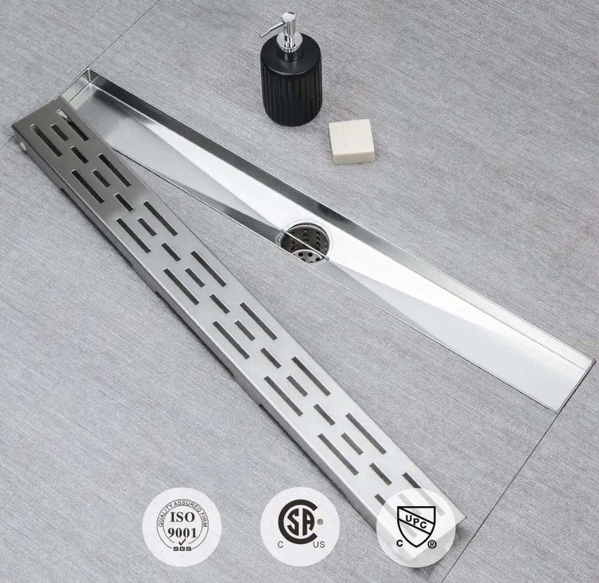 SaniteModar Linear Shower Drain, High Flow Rate Removable Grate Shower Drain 32 inch,Brushed 304 Stainless Steel Linear Drain with Hair Strainer, by Selzalot