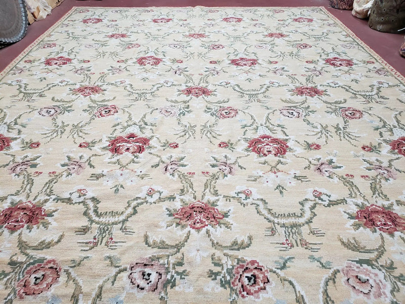 Needlepoint Rug 10x14 Wool Flatweave Carpet, English Floral Pattern, Pale Yellow, Roses, Allover Pattern, Handmade Large Needlepoint Nice by Jewel Rugs