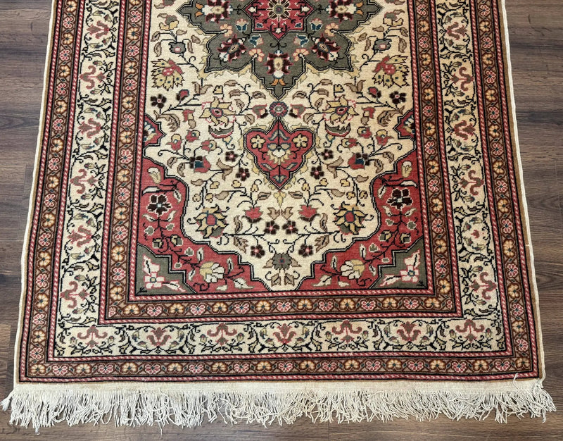 Turkish Sivas Rug 4x6, Floral Medallion, Beige Pink-Red Green, Handmade by Jewel Rugs
