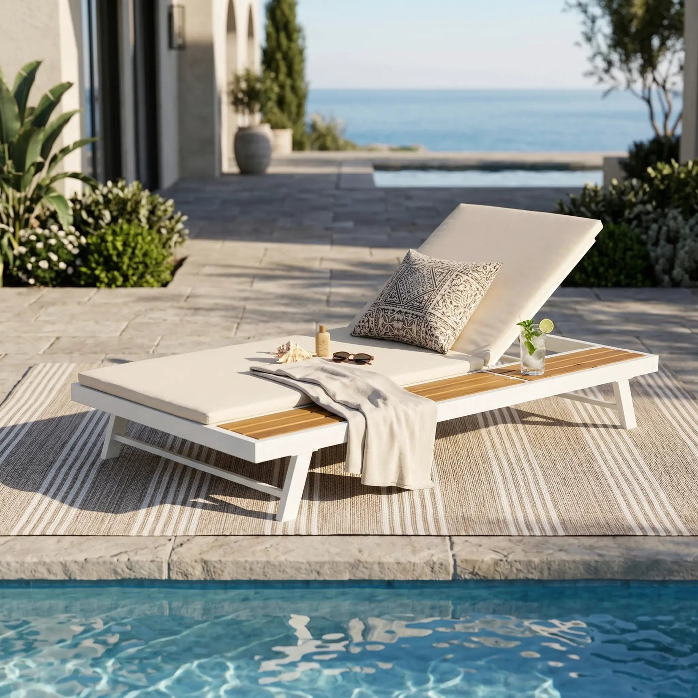White Iron + Teak Finish Outdoor Chaise Lounge Set by HouseOfZazla