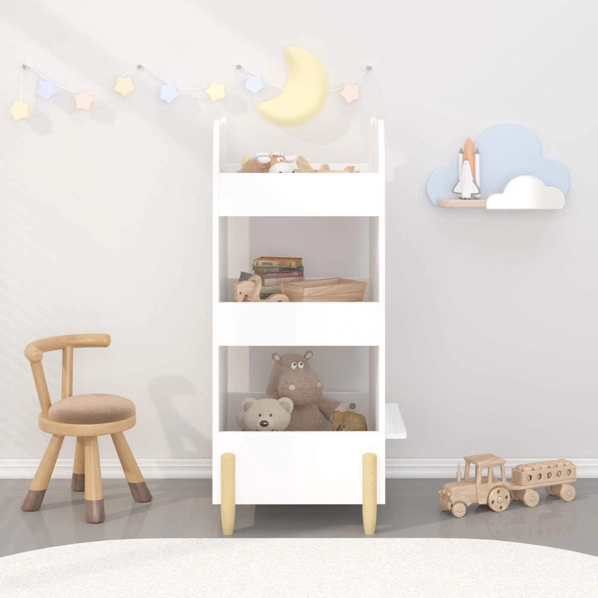 Bear Shaped Bookshelf With Chalkboard Side, 3-Tier Storage Organizer For Playroom - White by HouseOfZazla