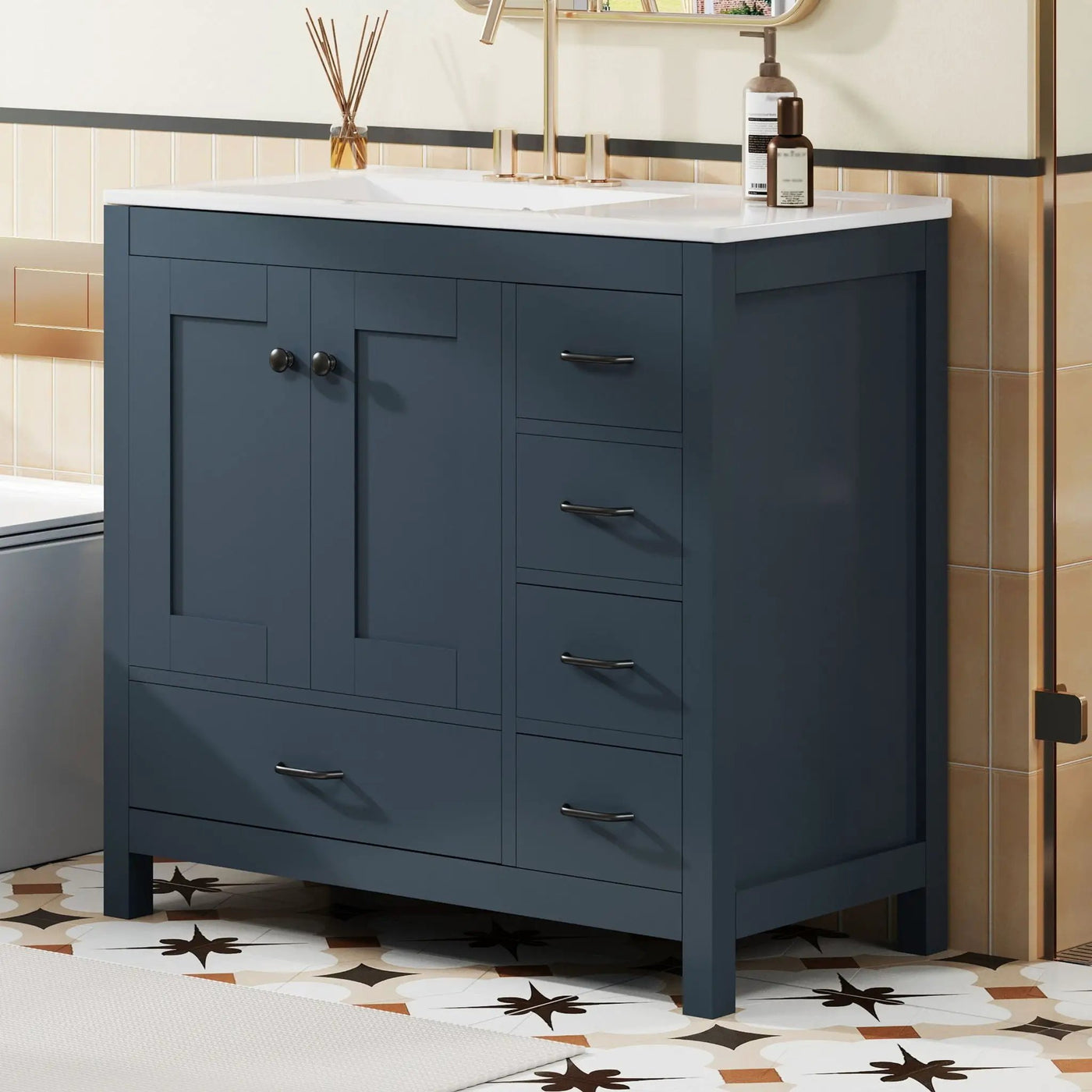 Bathroom Vanity With Ceramic Sink Combo, Abundant Storage Cabinet 2 Soft Close Doors And 5 Drawers by Unique Piece Furniture