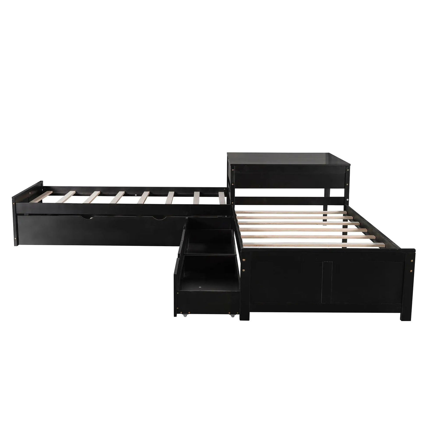 L Shaped Platform Bed With Trundle And Drawers Linked With Built In Desk by HouseOfZazla